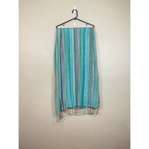 Shiloka Womens Boho Cashmina Scarf Blue Striped Metallic Shimmery Fringe 78 x 28